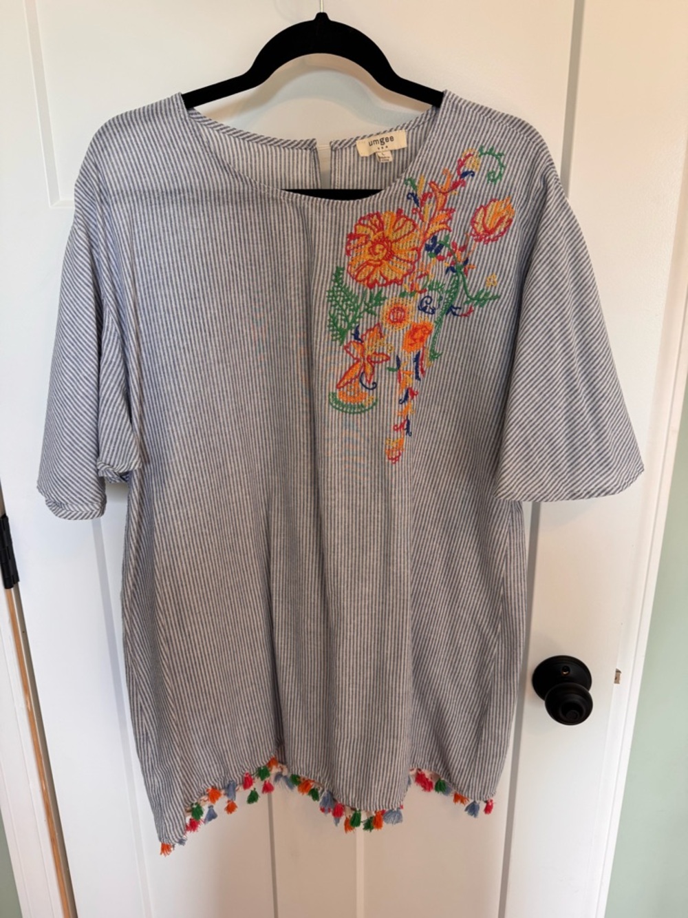 Umgee Blue and White Striped Tunic with Colorful Floral Embroidery